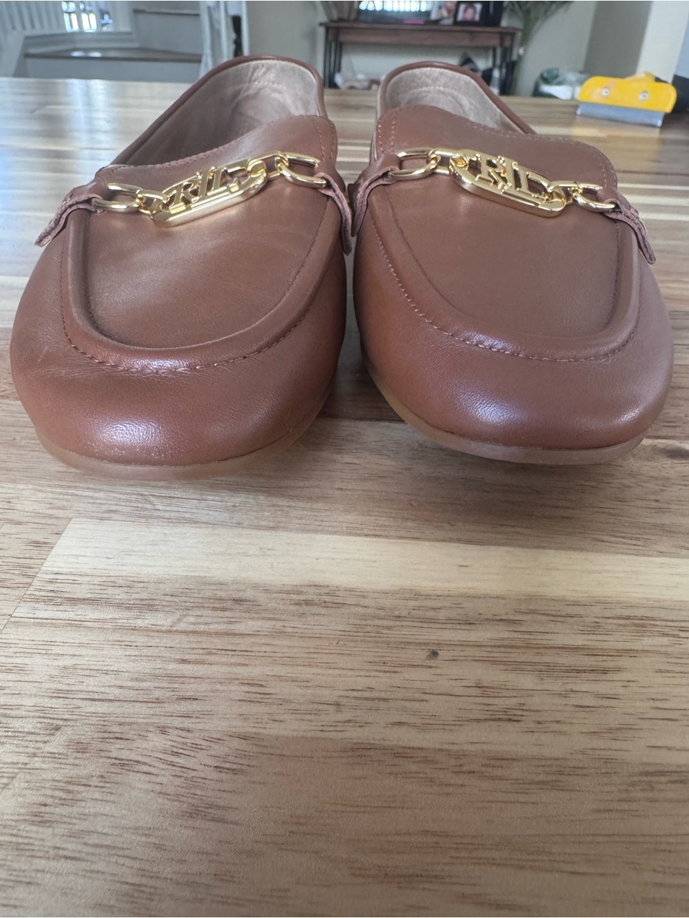 Ralph Lauren Brown Leather Slip-On Loafers with Gold Logo women’s size 10 - Picture 2 of 9